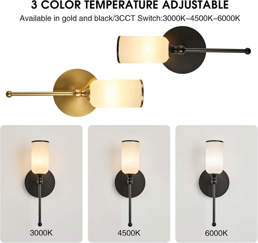 vntage Alabaster Wall Sconce, 15.4inch Natural Marble Lampshade Wall Sconce, Hardwired Sconce LED Modern Wall Lamp for Bedroom, Stairs, Living Room, Bedside, Hallway Black