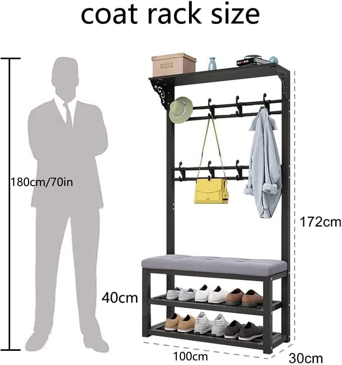Coat Rack Stand, Hall Tree with 2 Shoe Shelf and Bench Freestanding Garment Rack with 8 Hooks for Bedroom Living Room Entryway/Black/100 * 30 * 172Cm