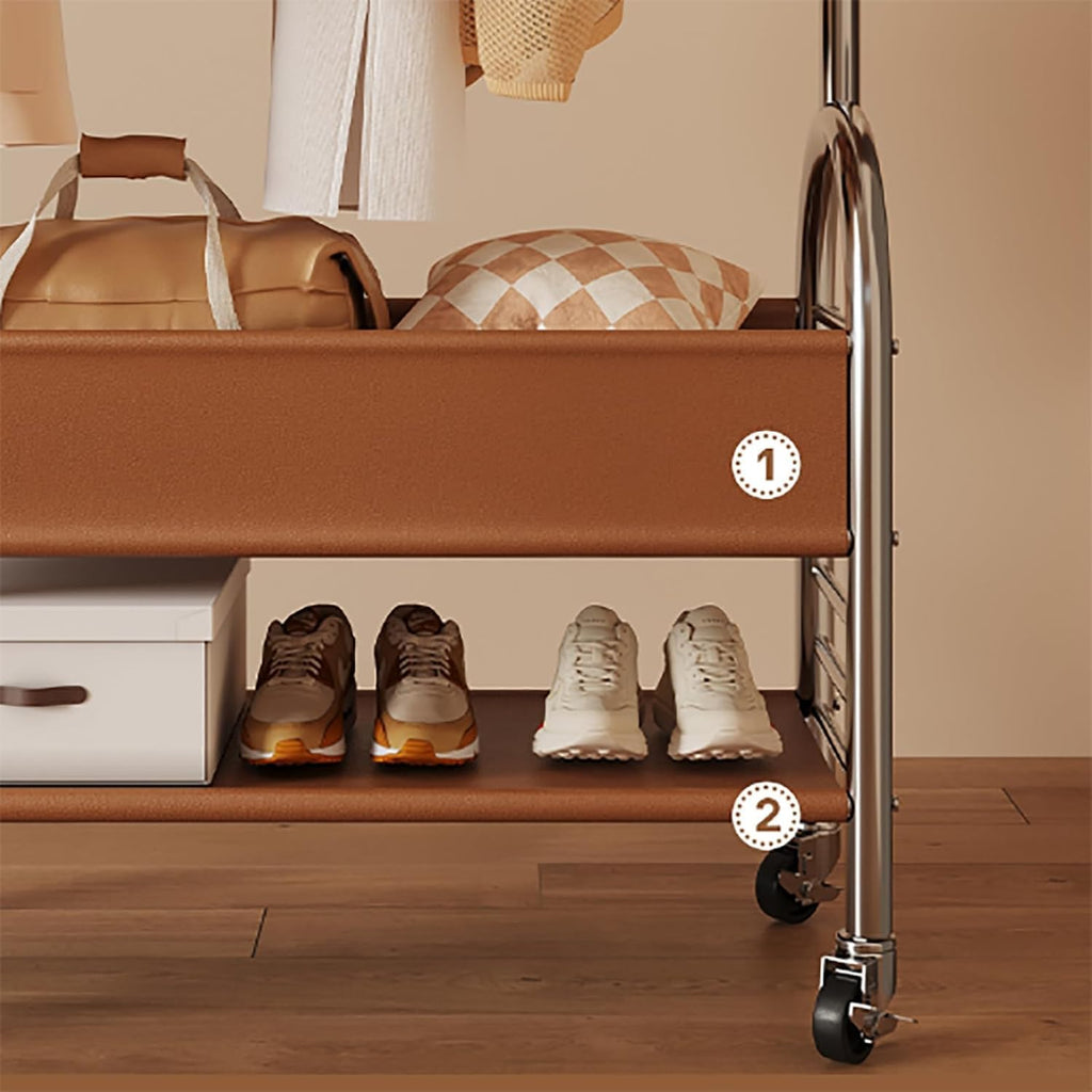 Clothing Rack for Hanging Clothes with Hooks- Freestanding Metal Garment Rack, Rolling Mobile Storage with Bottom Shelf, Multi-Functional for Coats, Shirts, Dresses-Easy Assembly(A,31.4in)