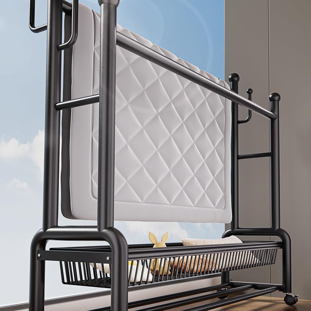 Freestanding Multi-functional Metal Garment Rack on Wheels, Portable Clothing Rack with Shelf and Hooks, for Coats, Shirts, Dress, Used in Cloakroom, Bedroom