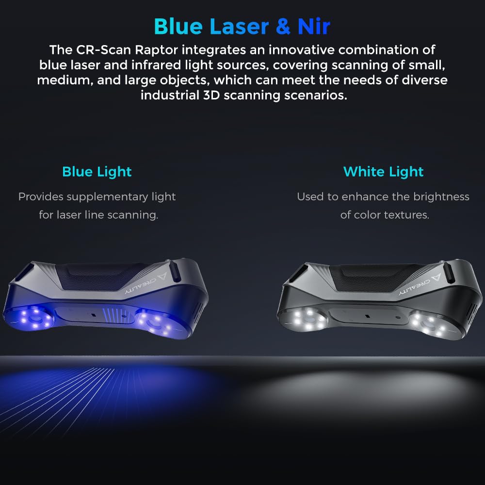 Creality 3D Scanner CR-Scan Raptor, Upgraded Handled 3D Scanner with Blue Laser Lines&NIR 60FPS 3D Scanning, 0.02mm Accuracy Anti-Shake Tracking 24-Bit Full-Color for iOS Mac Windows Android