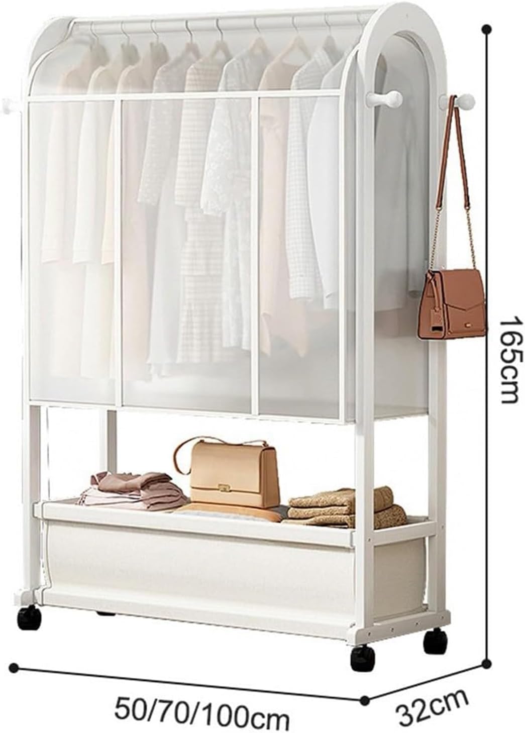 Bamboo Clothes Rails, Garment Rack On Wheels, Free Standing Garment Hanging Rails，with 1 Storage Bag with Dust Cover，for Dress, Pants, Shoes, for Bedroom Home Office(B,(50X32X165CM))