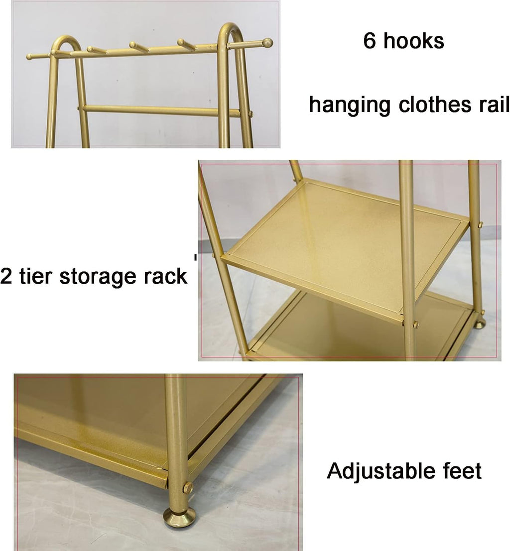 Heavy Duty Coat Rack, Garment Rack Multipurpose Clothing Rack with 4 Hooks and 2 Tier Shelves Freestanding Coat Rack for Bedrooms and Small Spaces Metal Clothes Rail and Clothes Organizer
