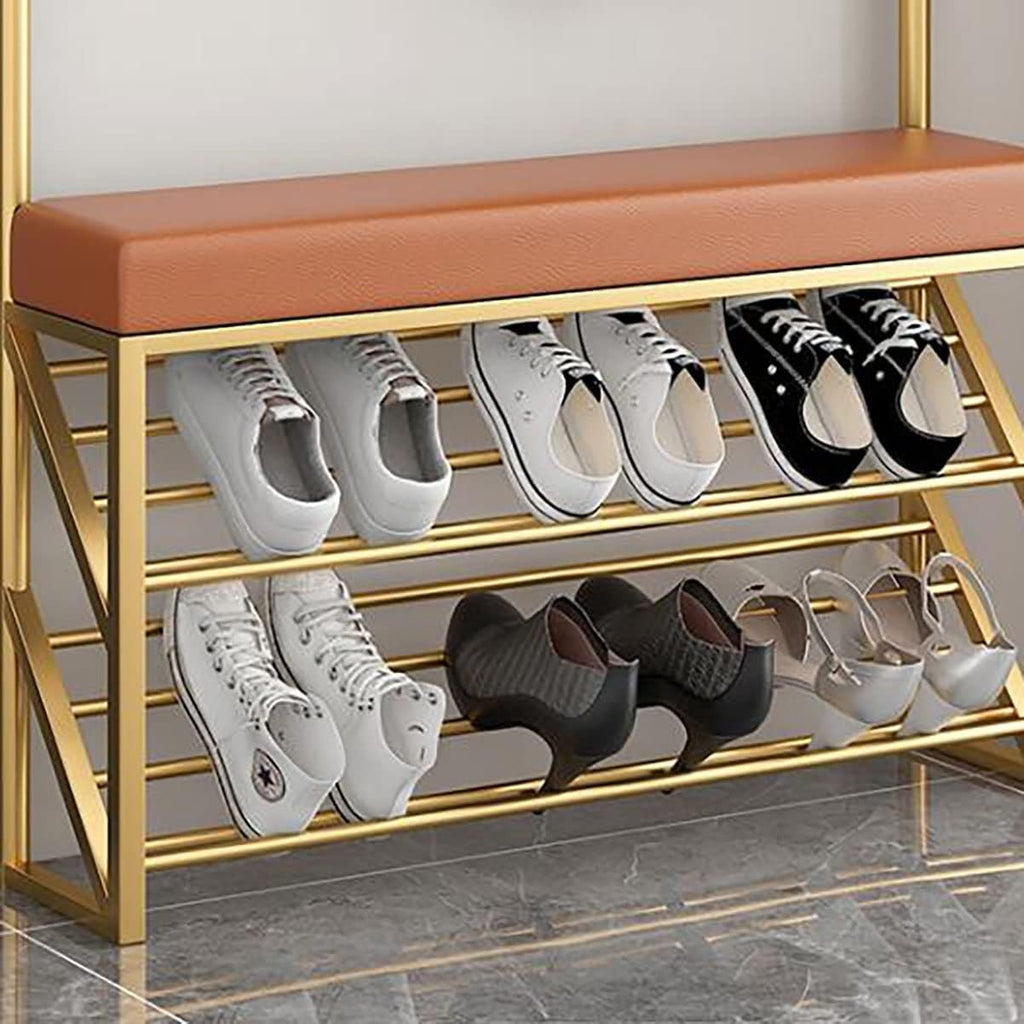 Generic Exquisite Clothes Rail Rack Freestanding Garment Rack With 8 Hooks Coat Rack With Shoe Shelf And Bench Hat Handbag Hanger For Narrow Hallway And Bedroom (Color : GoldB, Size : 60 * 20 * 178c