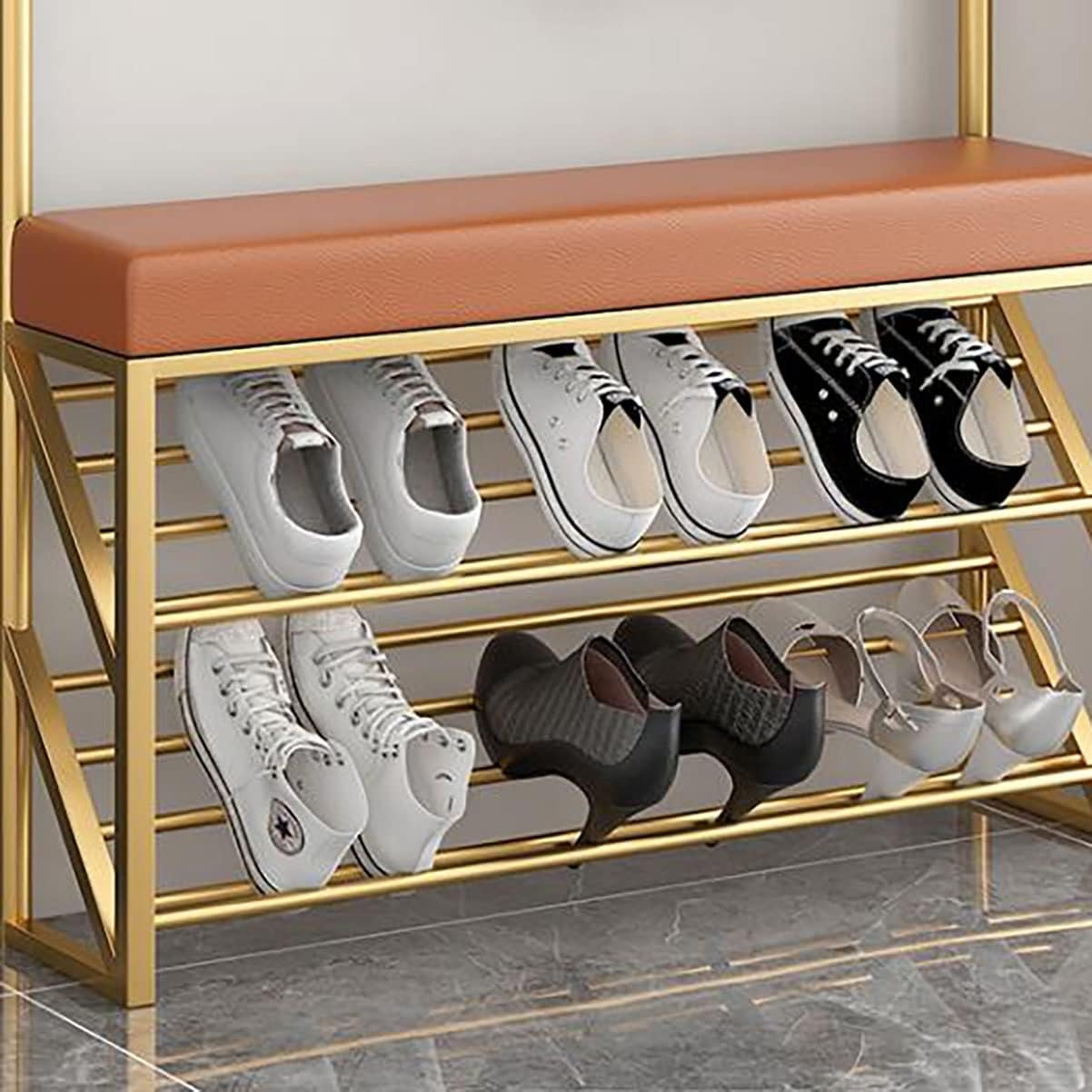 Freestanding Garment Rack with 8 Hooks Coat Rack with Shoe Shelf and Bench Hall Tree Hat Handbag Hanger for Narrow Hallway and Bedroom/Goldc/60 * 20 * 178Cm