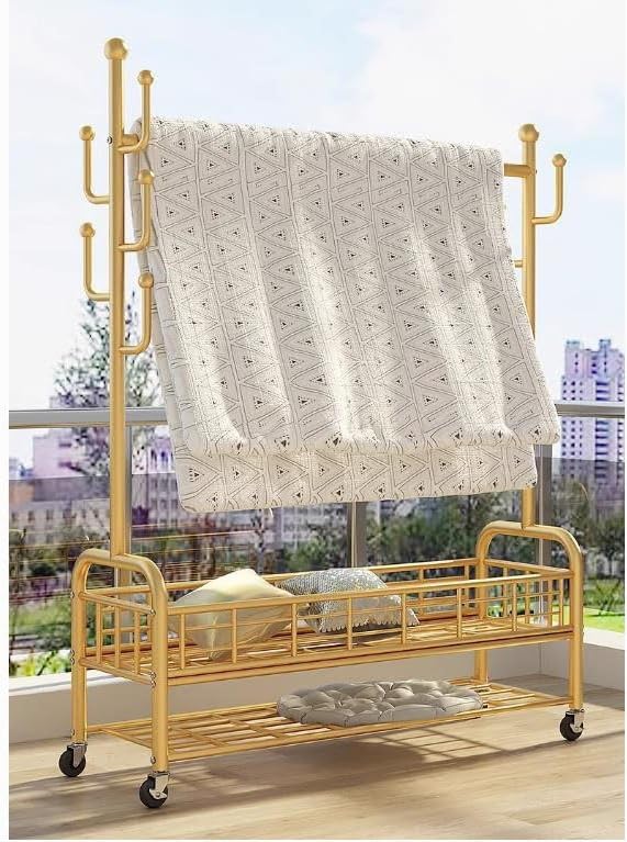 Clothes Rack, Garment Rack On Wheels,Sturdy Metal Frame for Hanging Clothes Such As Coats、Skirts、Shirts、Sweaters、Shoes、Bags、Scarves、etc,Gold Color，Golden 2 80cm