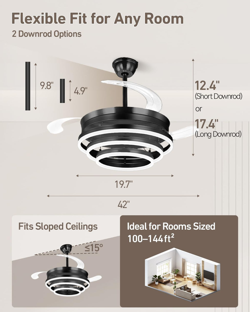 Retractable Ceiling Fans with Lights, 42' Fandelier Ceiling Fan with Light and Remote, Reversible, 3 CCT, Dimmable, Modern Chandelier Ceiling Fan for Bedroom, Living Room, Dining Room (Black)