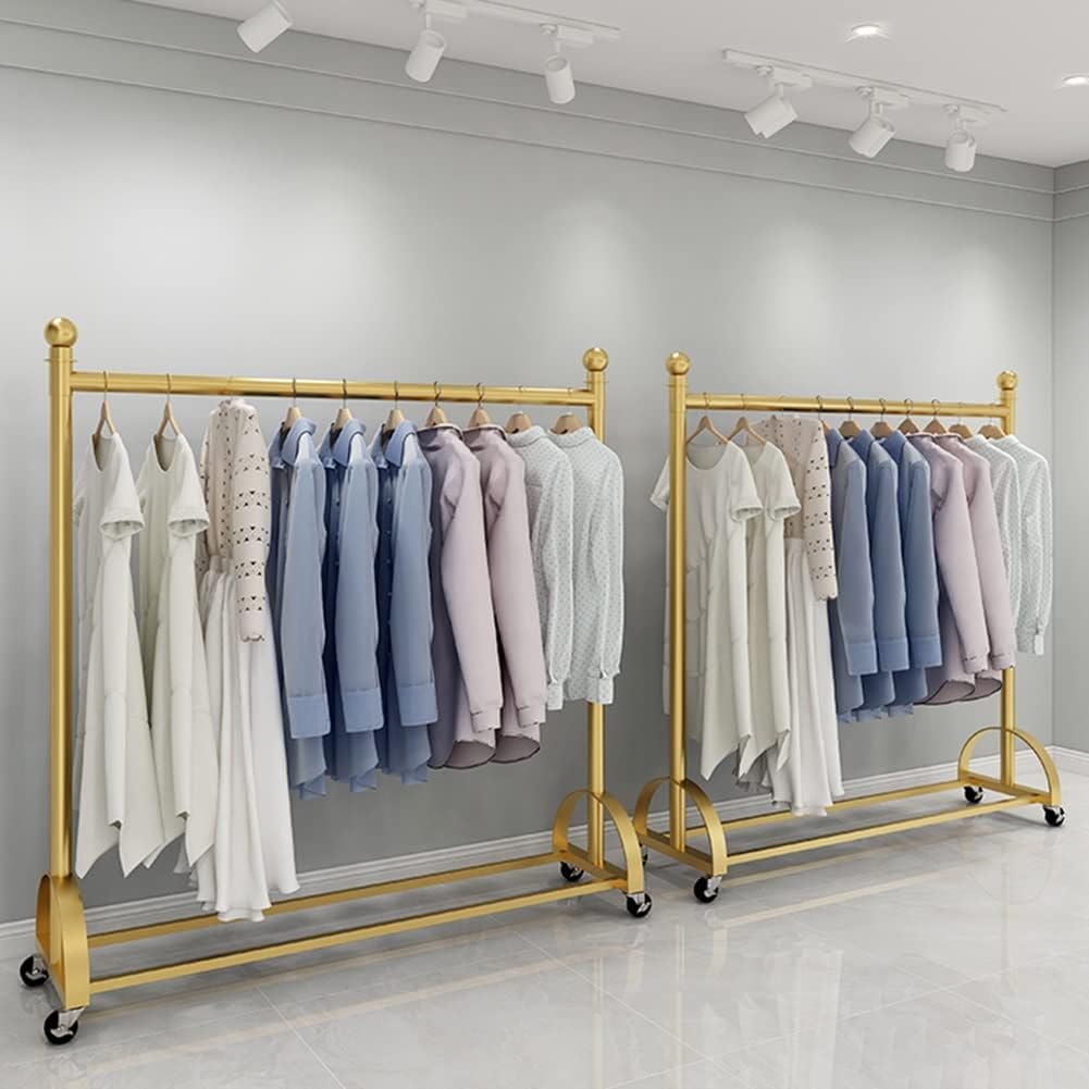 Metal Garment Rack with Pulley Rolling Bottom Clothing Rack Free-Standing Retail Display Clothes Racks for Hanging Clothes Coats Skirts Shirts Sweaters (Color : Gold, Size : 100x155cm)