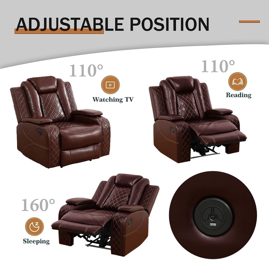 Pon Living Luxurious Leather Reclining Sofa Set with LED, Power Recliner Sofa Set, Living Room Furniture Sets with Cup Holders/USB Port & Storage Consoles for House/Home Theater