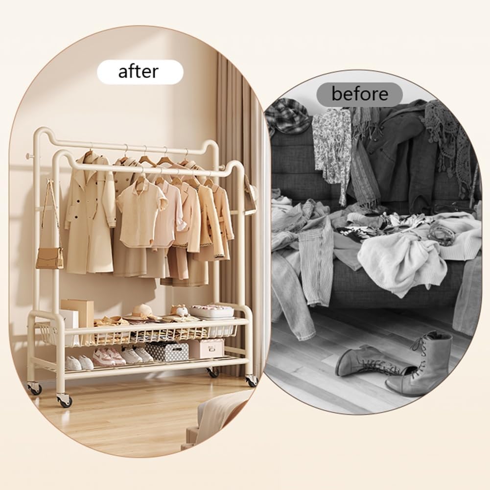 Multifunctional Bedroom Garment Rack on Wheels, Freestanding Clothing Organizer Rack, with Bottom Shelf and Hooks, for Coats, Shirts, Dress