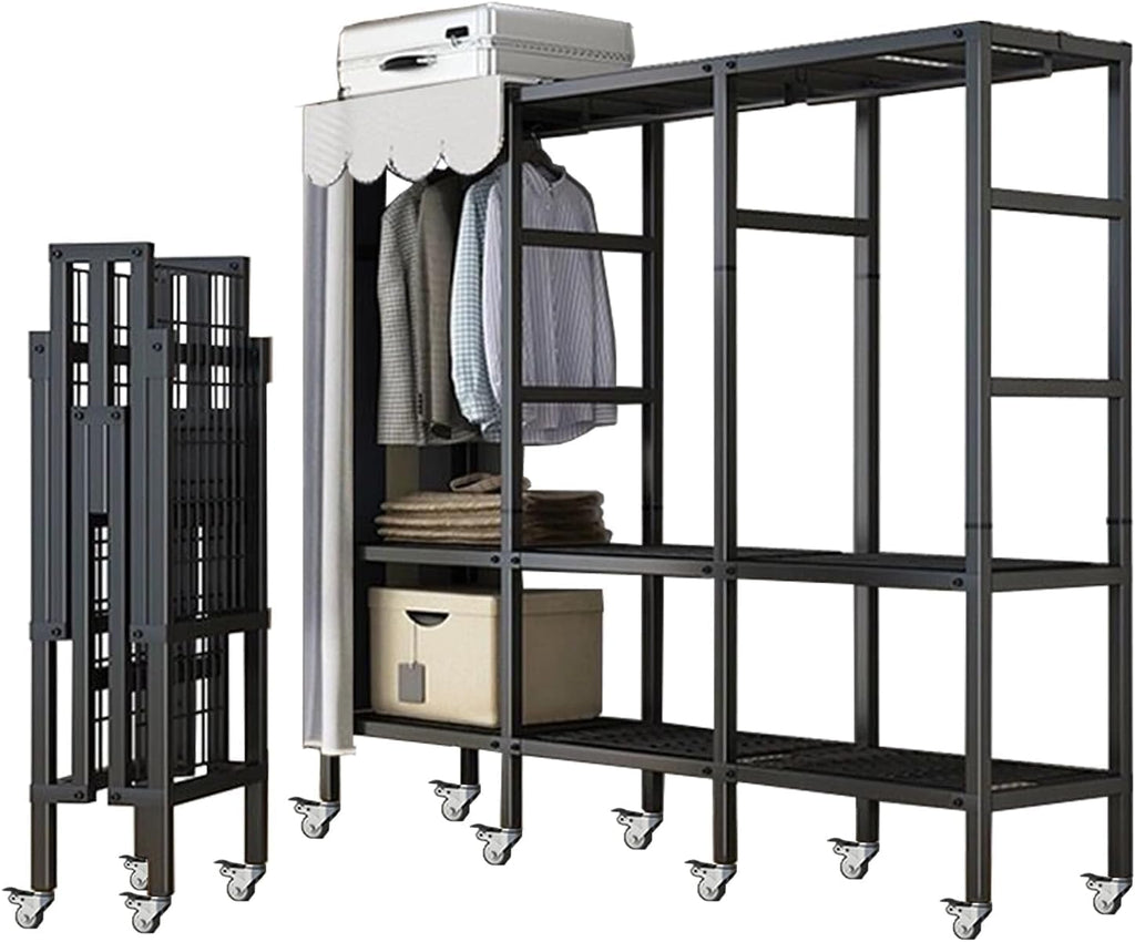 85in Foldable Portable Closet Wardrobes with Cover and Wheel Free Standing Garment Rack with 6 Tier Shelf 71in Tall Iron Clothing Racks for Home and Retail,Load Capacity 2000lbs(85in), Black