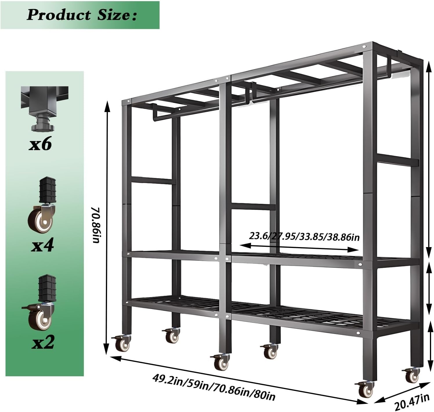 Large Wardrobe Clothes Organizer, Heavy-Duty Portable Clothe Rack With Cover Foldable Metal Garment Rack On Wheels Freestanding Rolling Clothing Coat Storage Rack 20.4in Width Load 2000lbs(203cn/80in)