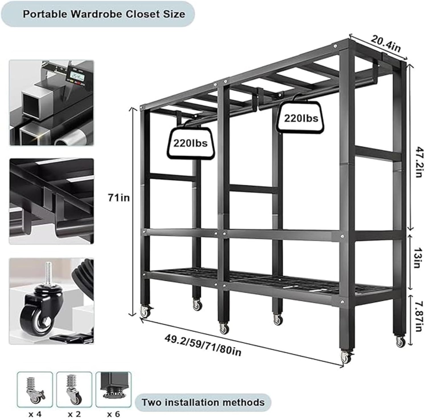 Heavy Duty Clothe Rack with Cover Load 1200lbs Foldable Portable Wardrobe Closets for Hanging Clothes Freestanding Clothing Garment Rack, Wardrobe Clothes Organizer(150cm(Wheel))