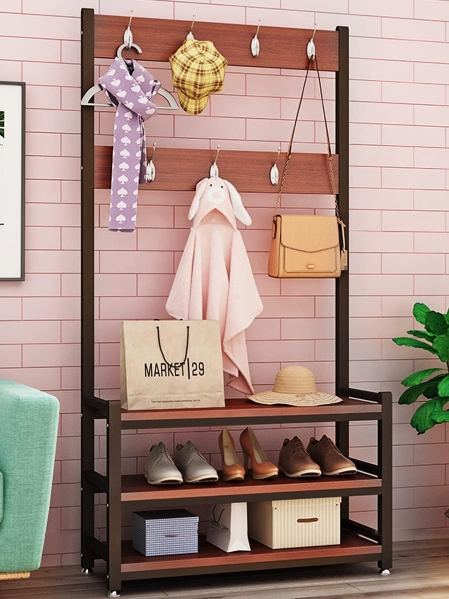 Generic Metal Foldable Coat Rack Stand, Freestanding Garment Rack, with Shoe Storage Bench and Hooks/C/100Cm