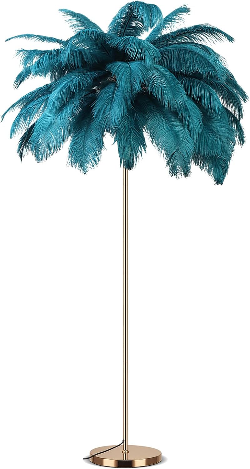 Feather Floor Lamp for Living Room, Fluffy Ostrich Feathers Lamp, Rose Gold Color Body, 3 Color Temperatures Modern Funky Arc Tall Standing Lamp for Bedroom Inclued Bright LED Bulbs (Blue)