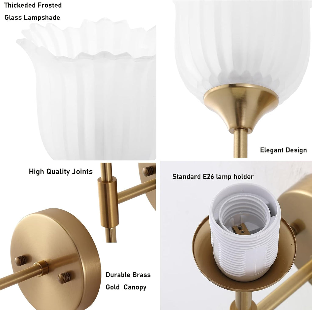BYOLIIMA Gold Wall Sconce Set of 2 with Frosted Glass Shades Modern Mid Century Bathroom Vanity Wall Light Fixtures Industrial Brushed Brass Wall Lamp for Bedroom Mirror Living Room Restaurant