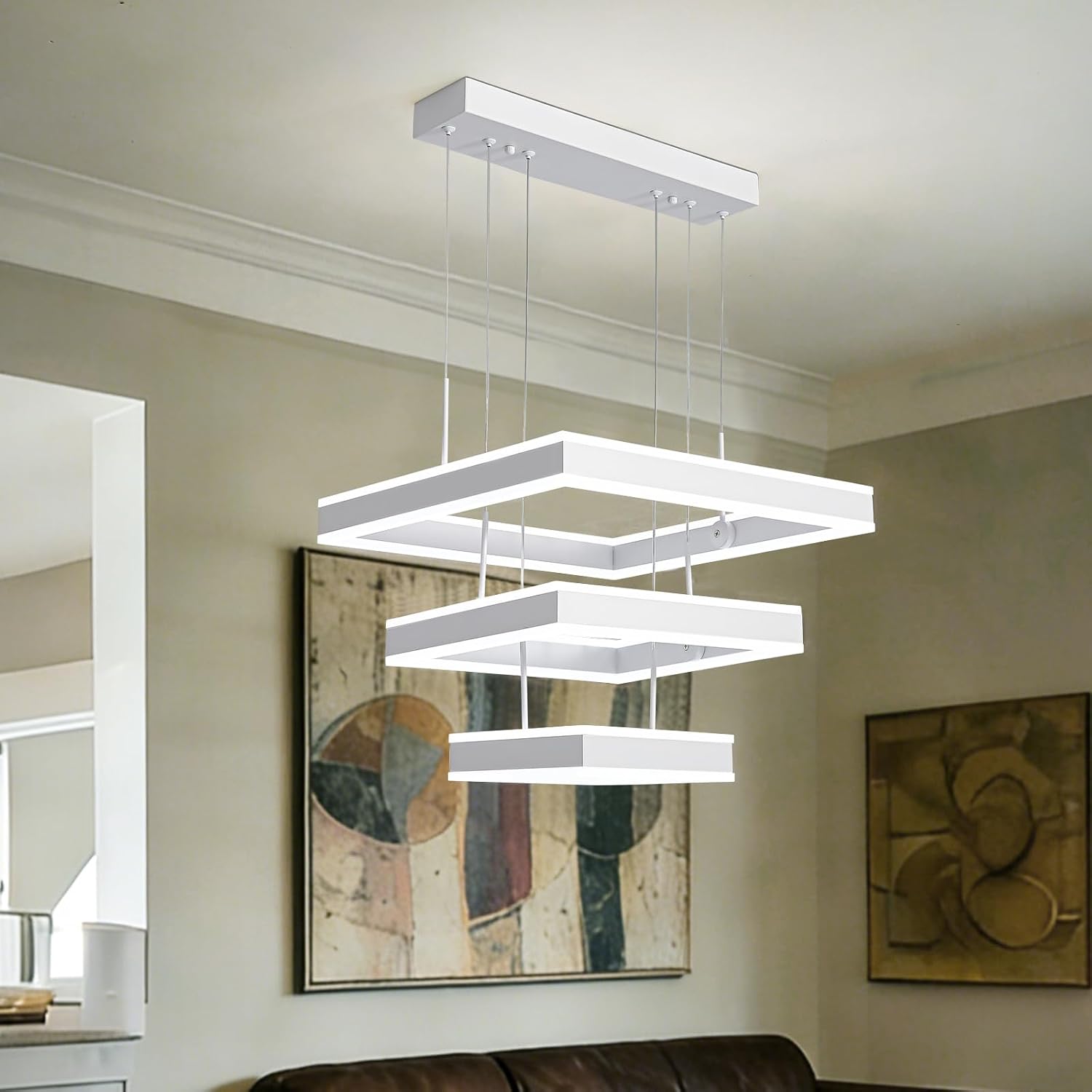 O'NEELDY Modern LED Chandeliers White Square Rings Pendant Light Fixture with Hanging Cord Flush Mount Square Modern Chandeliers for Kitchen Island Dining Room