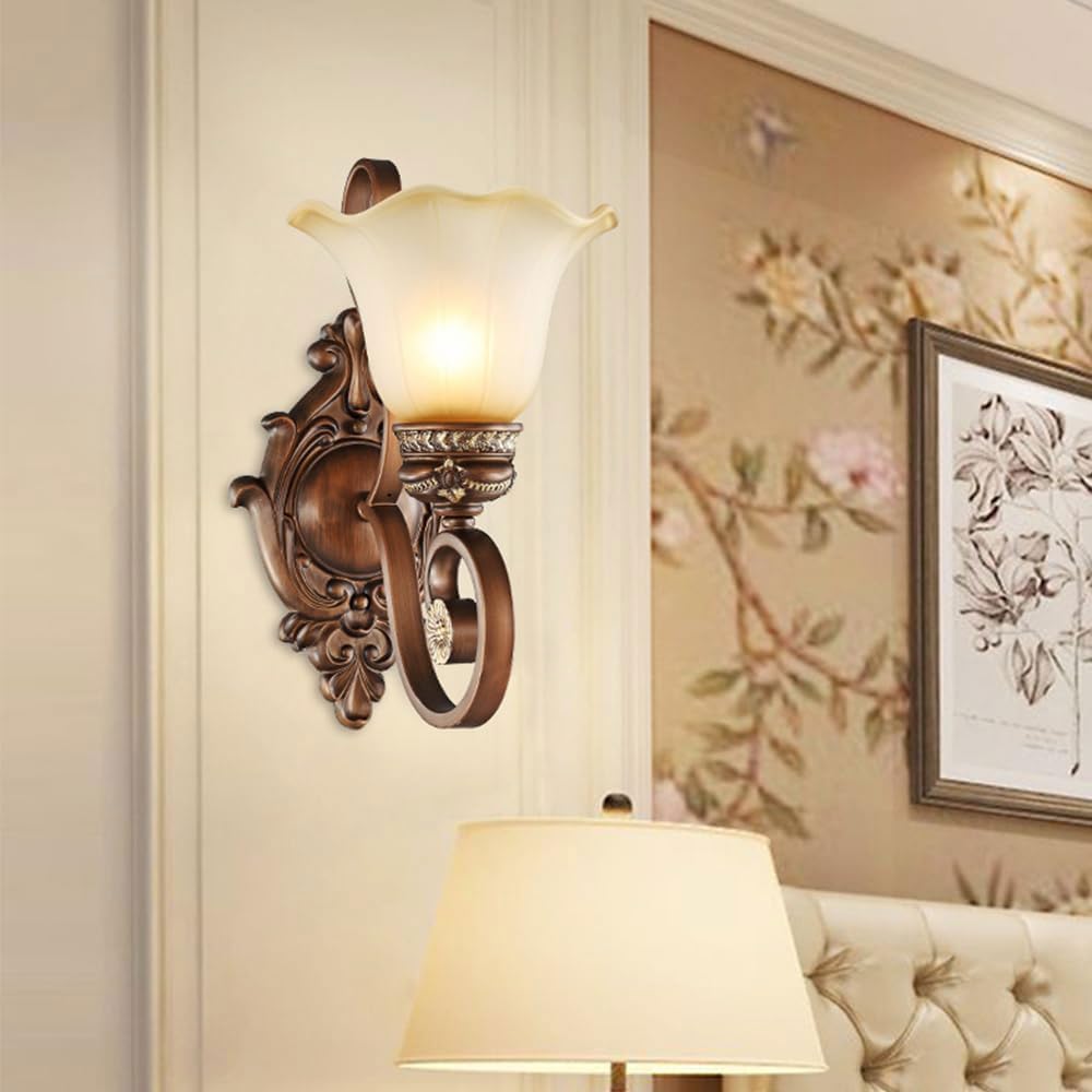 Vintage Floral Wall Sconces Set of 2,Resin Iron Lampshade Old Style Lamp Sconce Wall Decor with Glass Shades for Living Room Bedroom Hallway (2 Pack)