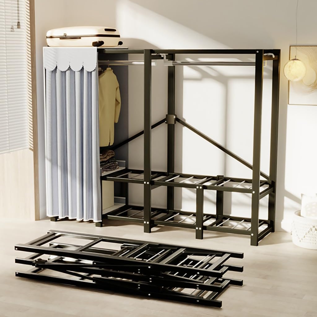Heavy-Duty Portable Clothing Rack with Shelf, Foldable Garment Rack for Bedroom Wardrobe, Free Standing Clothes Storage Rack - Load 1100lb - Cotton Cover - Closet Organizer for Clothes