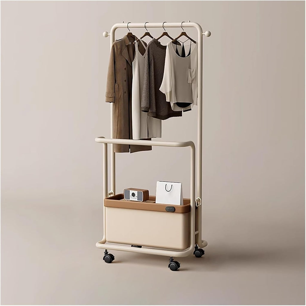 Double Rods Garment Rack With Wheels, Clothing Rack For Hanging Clothes With Storage Box, Metal Freestanding Cloths Racks For Shirts Coats Shoes Bags(45cm/17.7in)