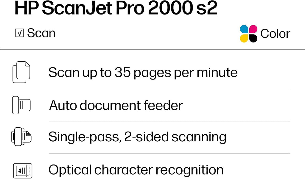 HP ScanJet Pro 2000 s2, Fast 2‑Sided Scanner with Auto Document Feeder, Best for Small Business (6FW06A)