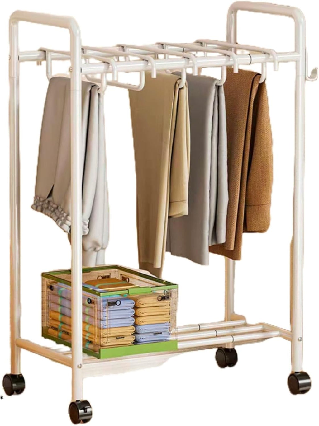 Freestanding Garment Rack with Casters, Movable Trouser Hanger & Multifunctional Storage for Bedroom, Ideal Slacks Organizer, Stylish White Design