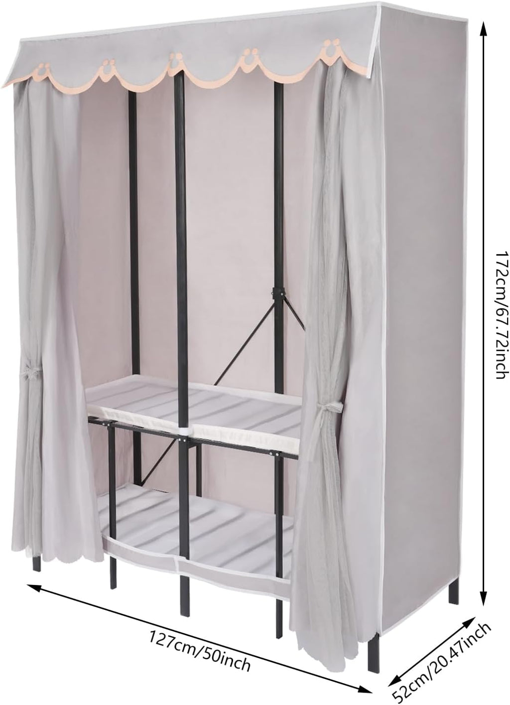 Wardrobe Closet Rack, Heavy-Duty Foldable Garment Rack with Cover, 1100lbs Capability Freestanding Clothes Organizer, Enclosed Curtain Armoires for Hanging Clothes (Grey)