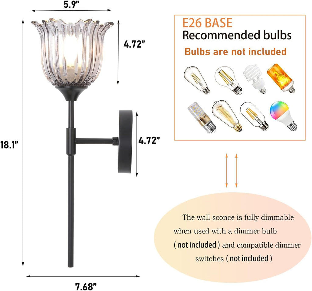 BYOLIIMA Vintage Wall Sconce Set of 2 with Smoke Gray Glass Shades Mid Century Bathroom Vanity Wall Light Fixtures Industrial Matte Black Wall Lamp for Bedroom Mirror Living Room Restaurant