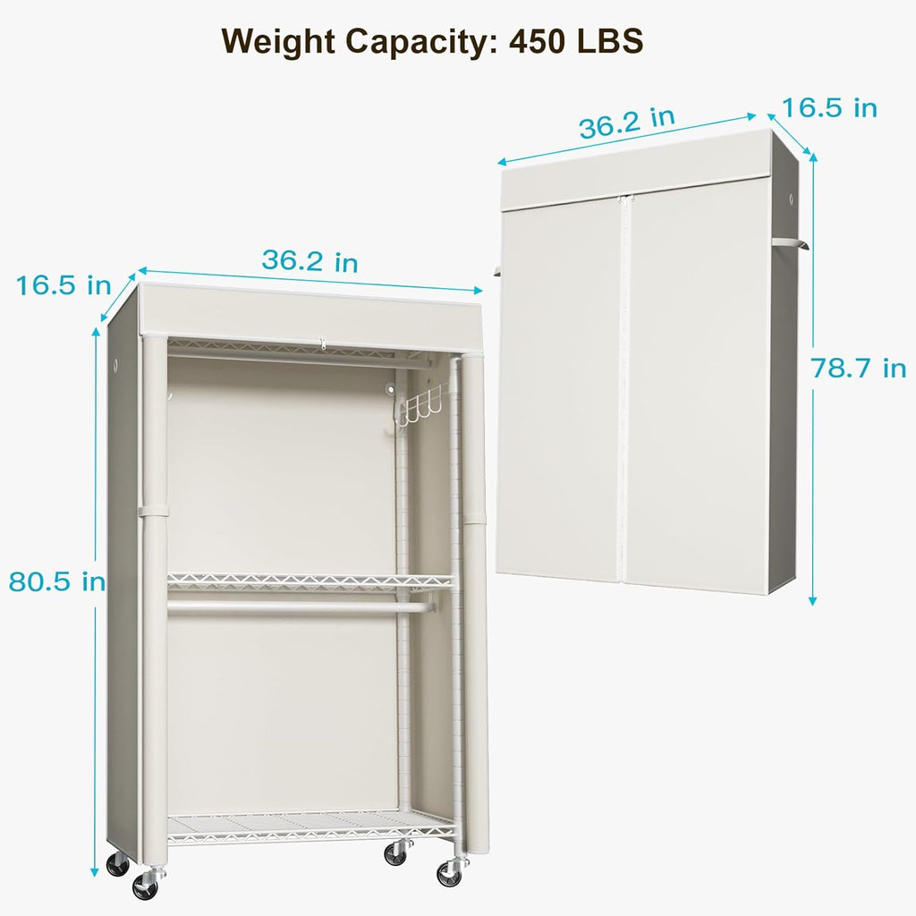 FUTASSI White Clothing Rack with Beige Cover, P1C Rolling Closets with Wheels, Metal Garment Rack for Hanging Clothes, Clothing Storage Wardrobe, 36.2' W x 16.5' D x 80.5' H, Load 450 Pounds