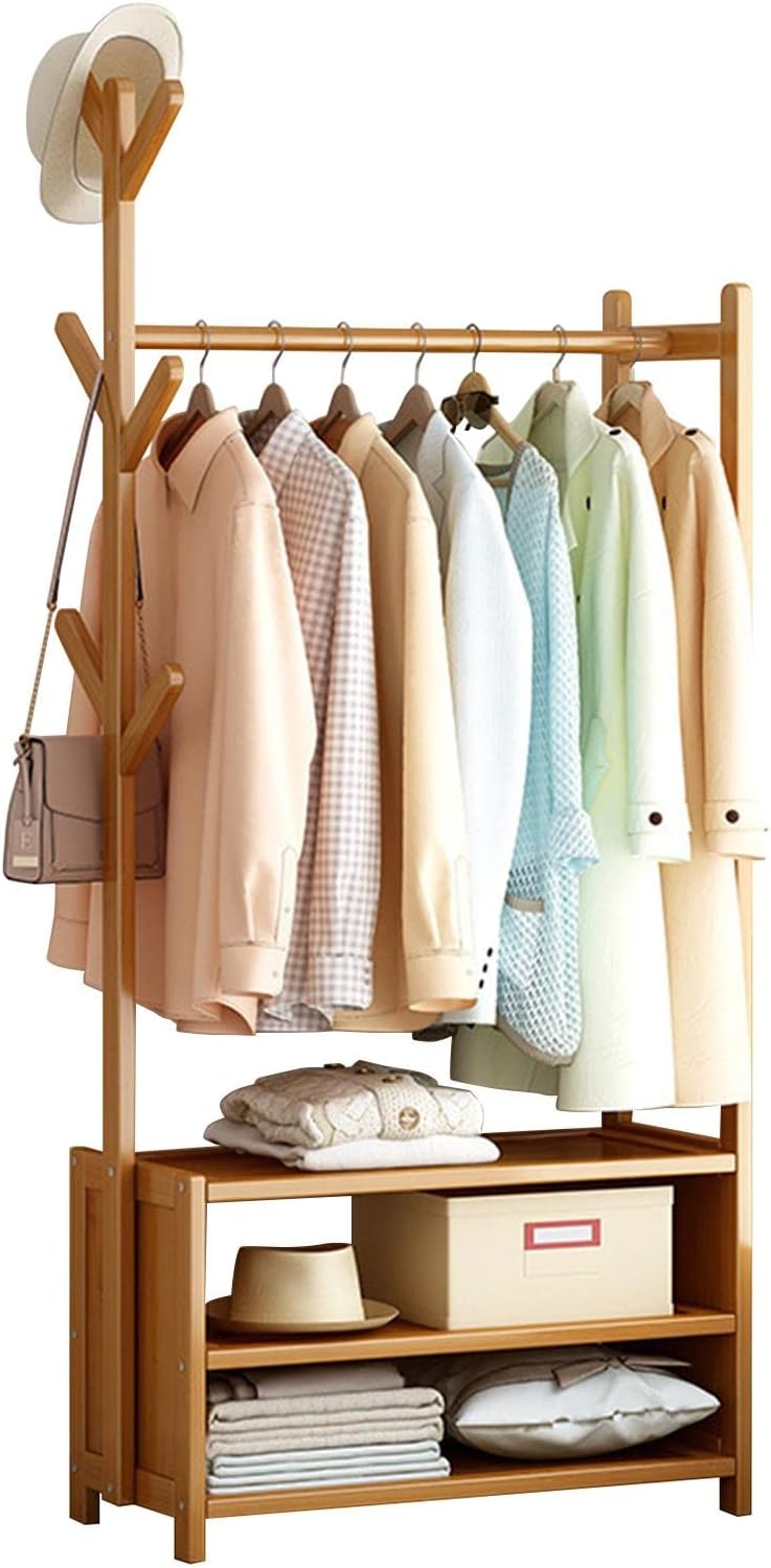 Bamboo Clothes Rack with 2 Storage Shelves and 6 Hooks Portable Extra Large Freestanding Garment Rack for Bedroom and Living Room 70x37x146cm