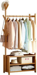 Bamboo Clothes Rack with 2 Storage Shelves and 6 Hooks Portable Extra Large Freestanding Garment Rack for Bedroom and Living Room 70x37x146cm