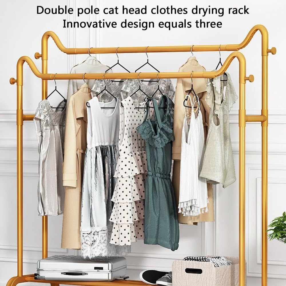 Clothes Rack Freestanding Double-Rail Garment Rack Multifunctional Bedroom,Minimalist Metal for Hanging Garment,Coat Rail with Bottom Rack for Coats, Skirts, Shirts, Sweaters