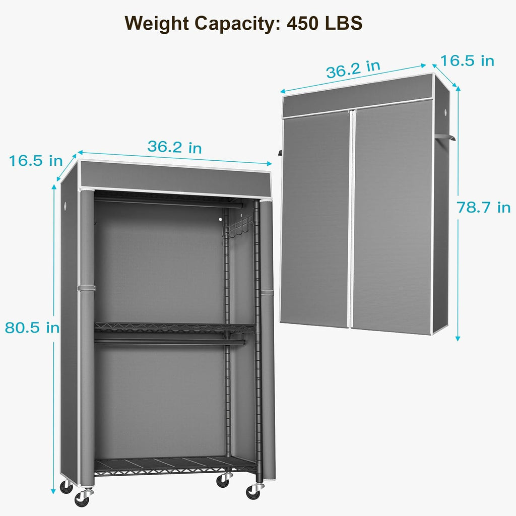 FUTASSI Black Clothing Rack with Dark Gray Cover, P1C Rolling Closets with Wheels, Metal Garment Rack for Hanging Clothes, Clothing Storage Wardrobe, 36.2' W x 16.5' D x 80.5' H, Load 450 Pounds