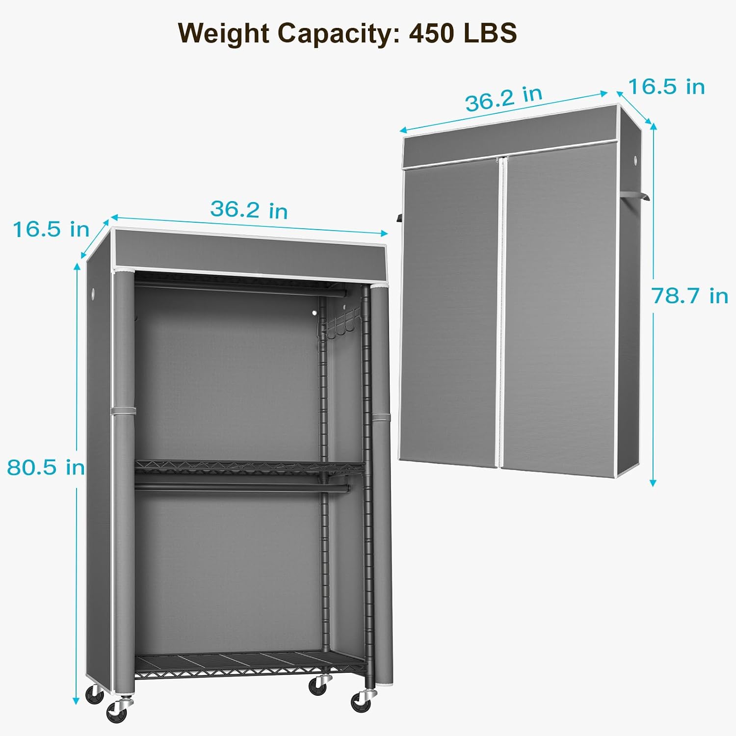 FUTASSI Black Clothing Rack with Dark Gray Cover, P1C Rolling Closets with Wheels, Metal Garment Rack for Hanging Clothes, Clothing Storage Wardrobe, 36.2' W x 16.5' D x 80.5' H, Load 450 Pounds