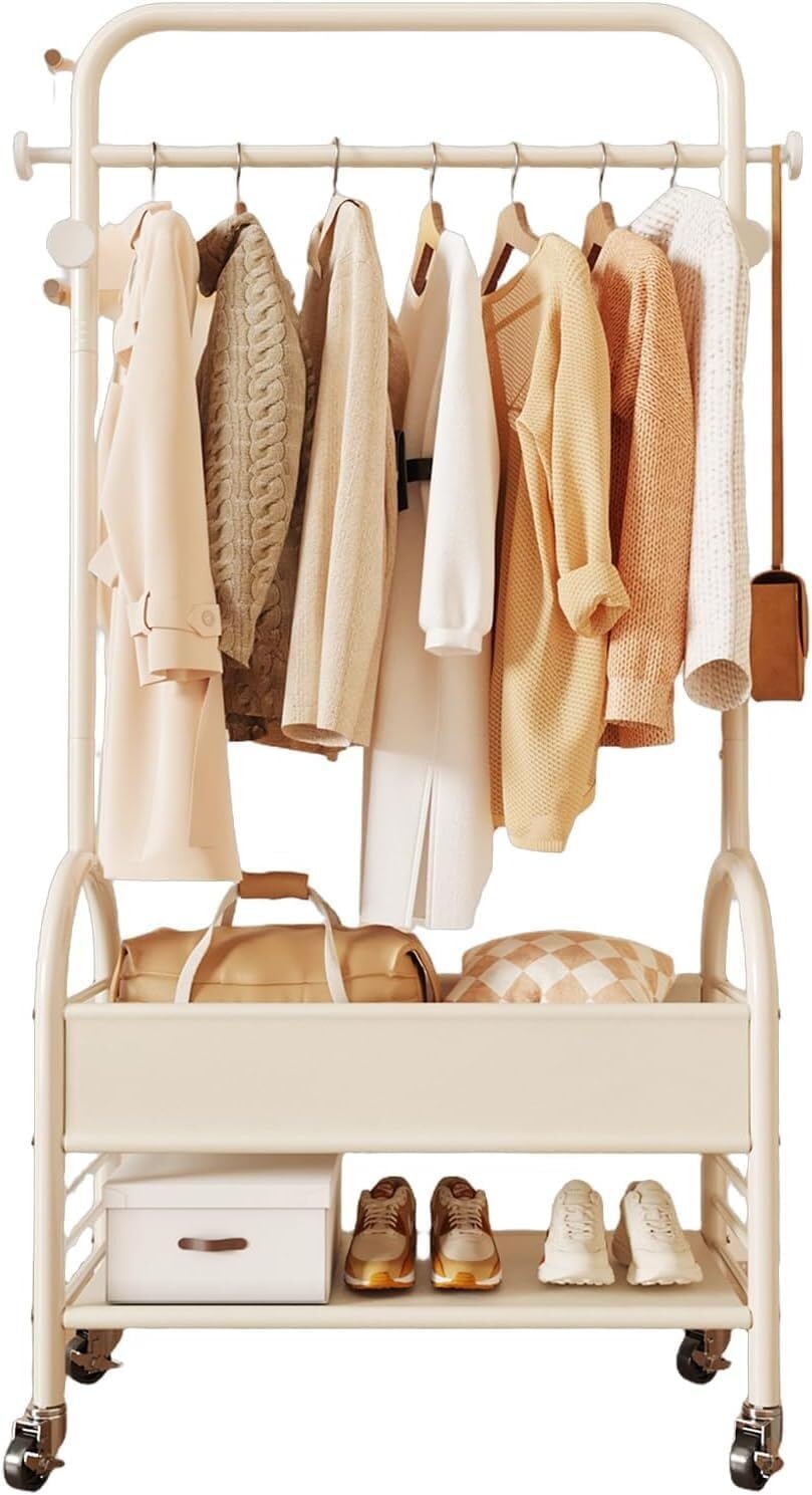 Clothing Rack for Hanging Clothes with Hooks- Freestanding Metal Garment Rack, Rolling Mobile Storage with Bottom Shelf, Multi-Functional for Coats, Shirts, Dresses-Easy Assembly(A,23.6in)