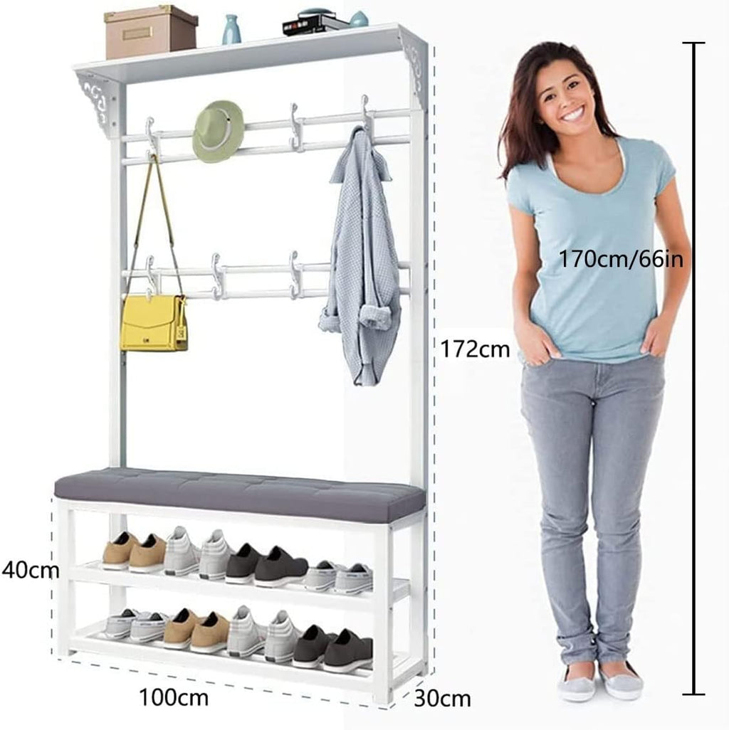 Generic Exquisite Clothes Rail Rack Freestanding Garment Rack with 8 Hooks Coat Rack with Shoe Shelf Bench Industrial Hat Handbag Hanger for Narrow Hallway and Bedroom (Color : White grey, Size : 80