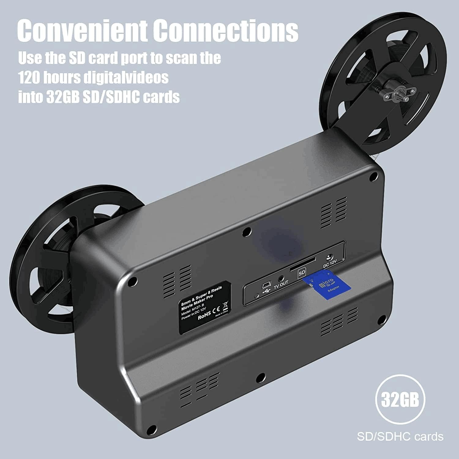 8mm & Super 8 Film to Digital Converter, Film Scanner Digitizer with 2.4' Screen, Convert 3'5'7'9'Reels View Frame by Frame into 1080P Digital MP4 Files,Sharing & Saving on 32GB SD Card