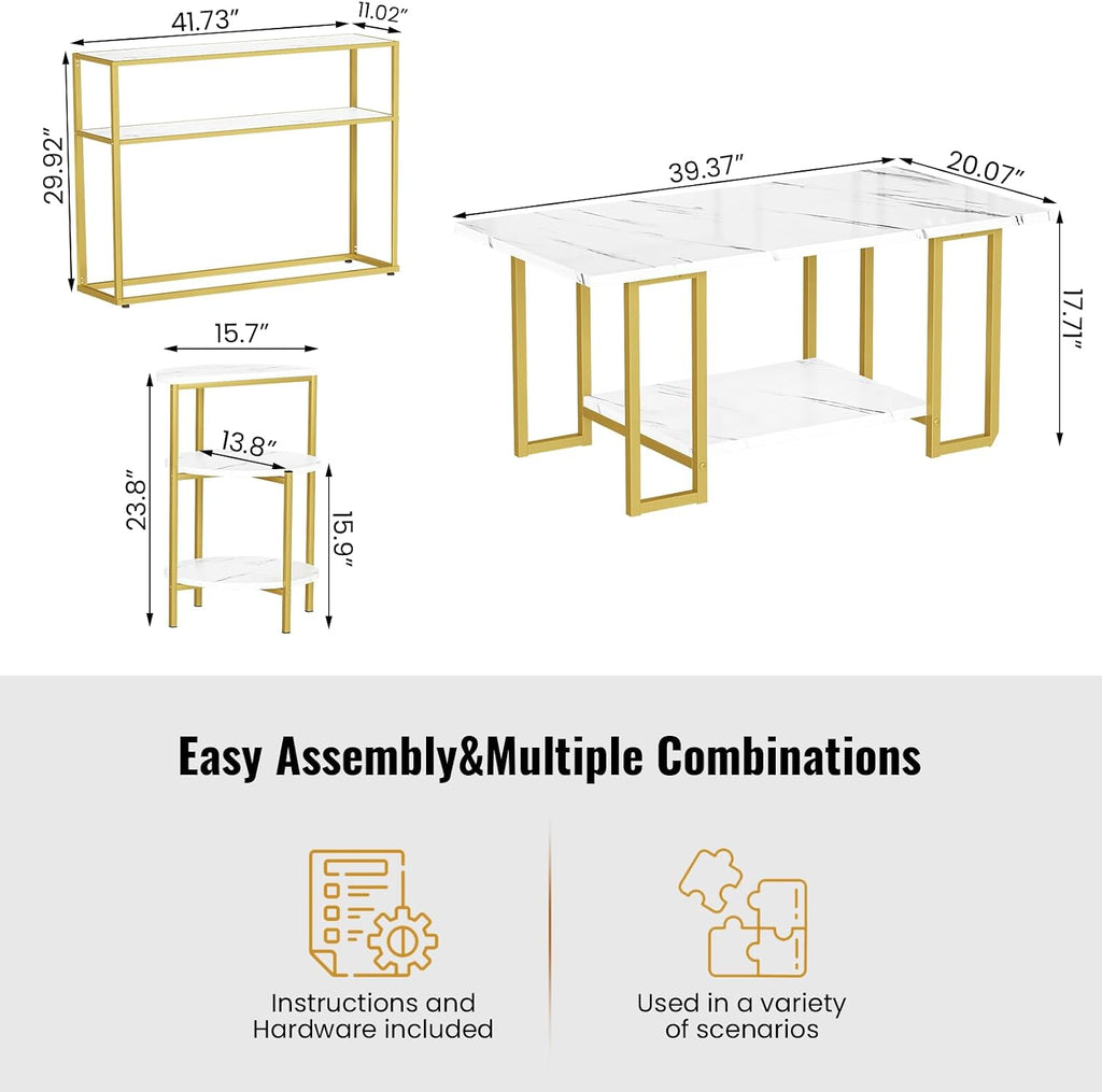 AWQM 3 Pieces Modern Coffee Set, with End Table and Console Table, Contemporary Faux Marble Living Room Table Sets, White&Gold