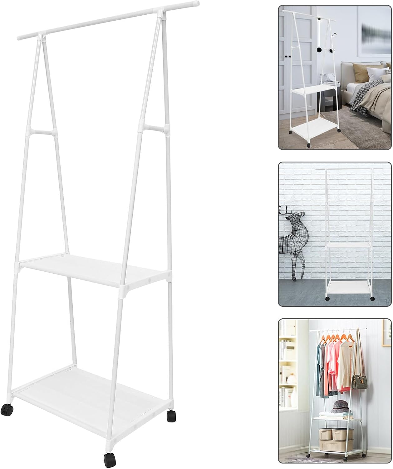 Floor Standing Garment Rack with Wheels Sturdy Clothes Organizer Shelf for Bedroom Storage White Iron Art Multifunctional Hanging Rack for Pants Sweaters Shirts Shoes Bags