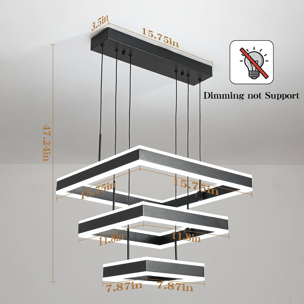 O'NEELDY LED Pendant Light Fixture, 20.47'' Modern Chandelier Square Rings Adjustable Height Black Pendant Lighting 3 Lights Kitchen Island Chandeliers for Dining Room, 6000K