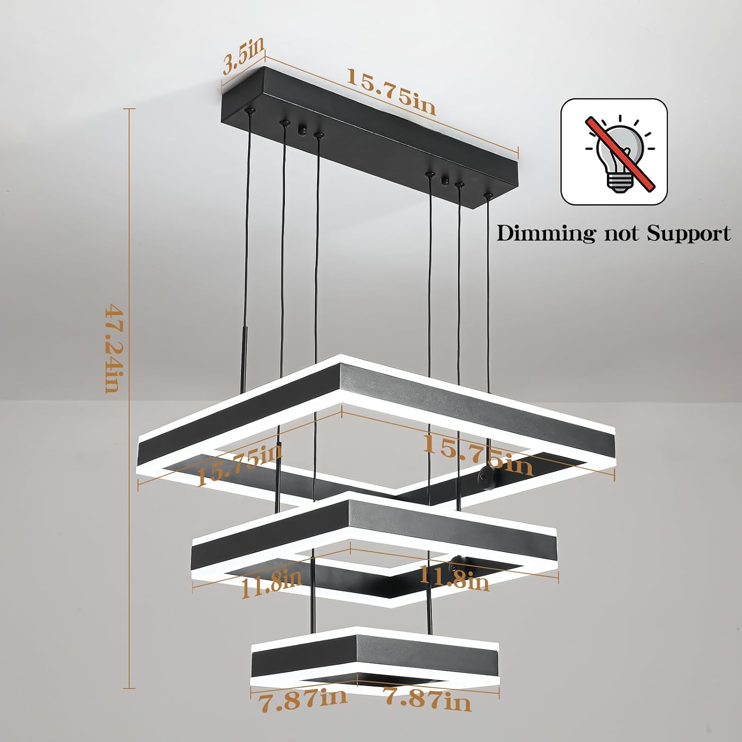 O'NEELDY LED Pendant Light Fixture, 20.47'' Modern Chandelier Square Rings Adjustable Height Black Pendant Lighting 3 Lights Kitchen Island Chandeliers for Dining Room, 6000K