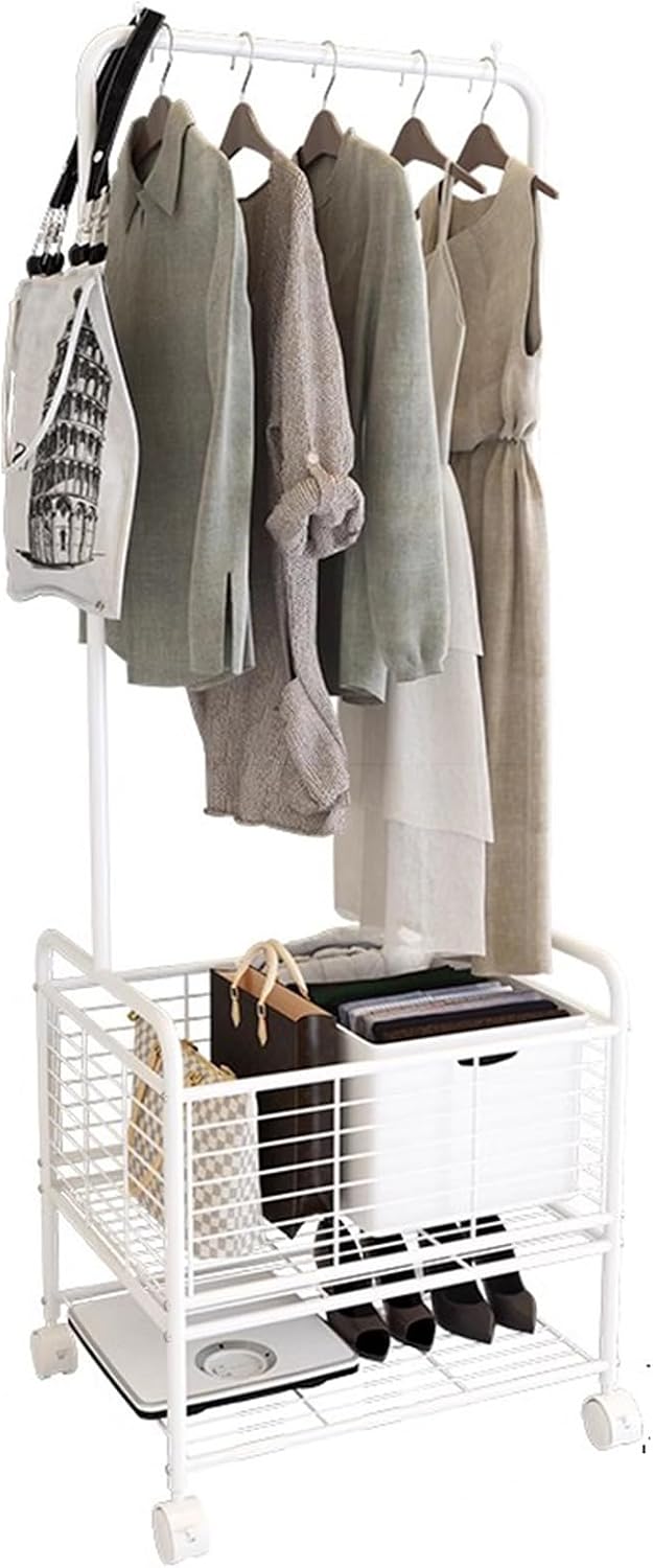 Heavy duty Garment rack Freestanding Metal Coat Rack On Wheel, Heavy Duty Clothing Rack With Storage Basket And Shelves, Space-saving Clothes Organizer For Entryway And Bedroom, White, 62X50X173CM.