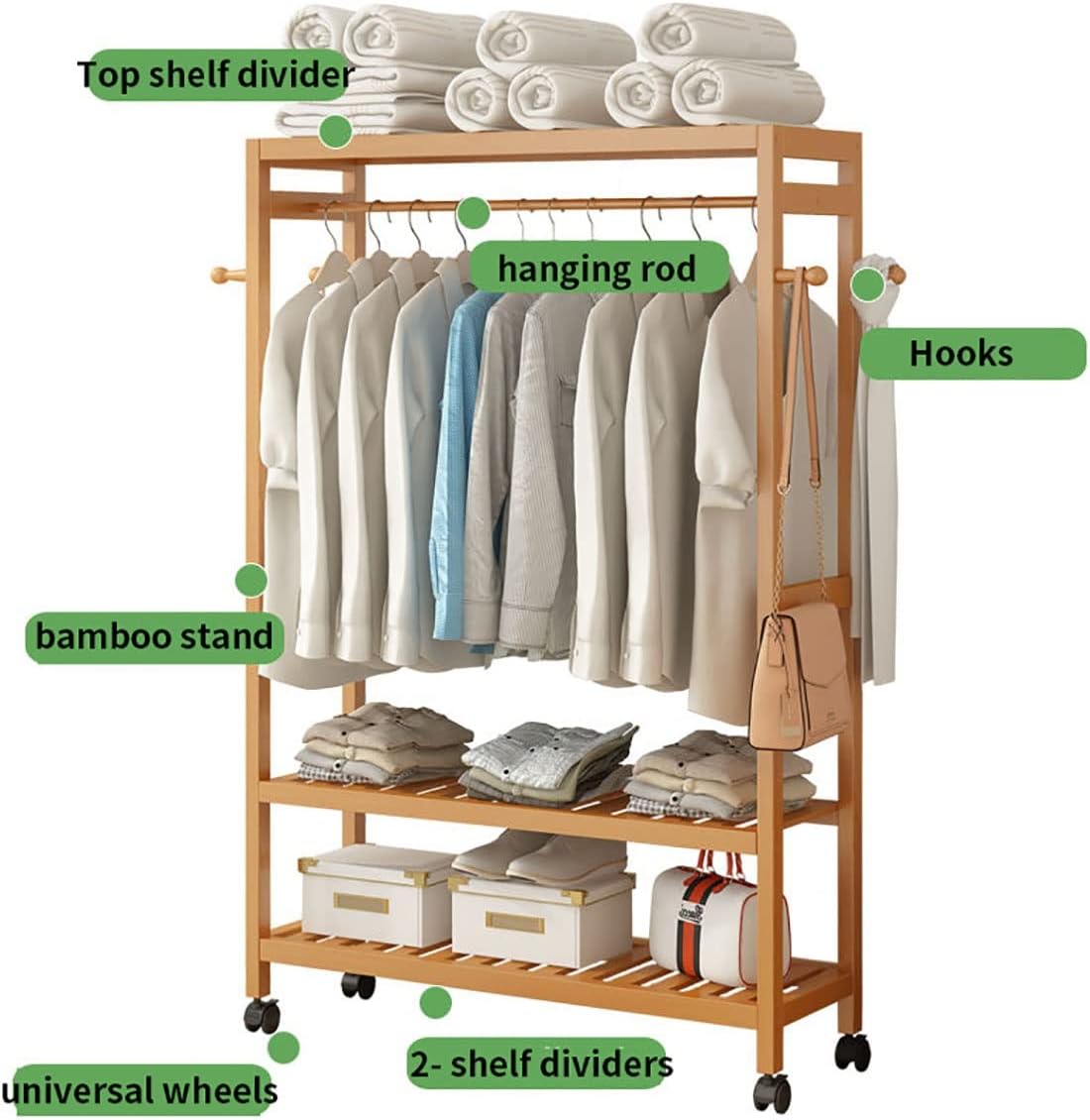 Garment Rail Shoe Bench Coat Stand Rack Hanger Wooden Coat Rack Freestanding Garment Rack With 3 Storage Shelves And 4 Hooks, Coat Rack With 360° Wheels For Entryway, Hallway, Bedroom And L