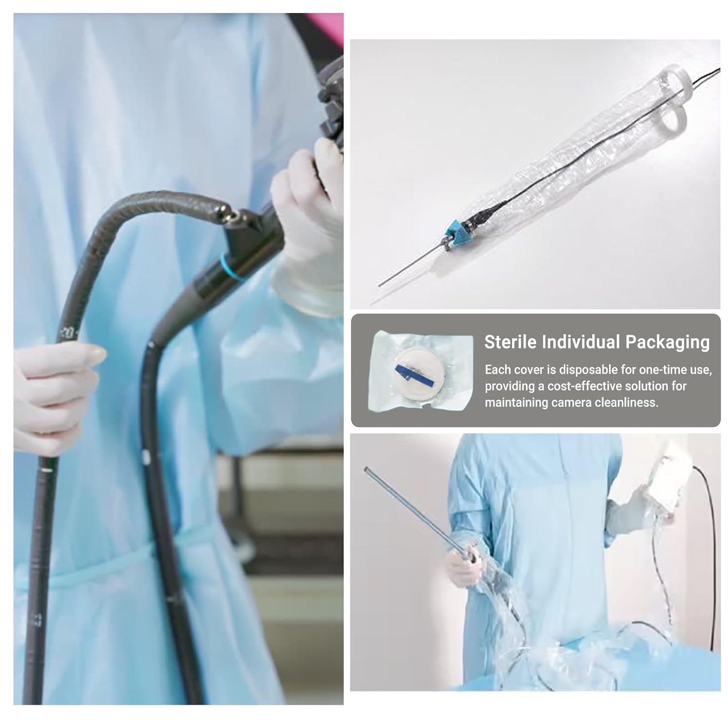 Endoscopic Camera Protective Cover Laparoscopic Camera Sleeve with Ring Frame, Disposable, Sterile Individual Packaging, 5.9'x98', (50)