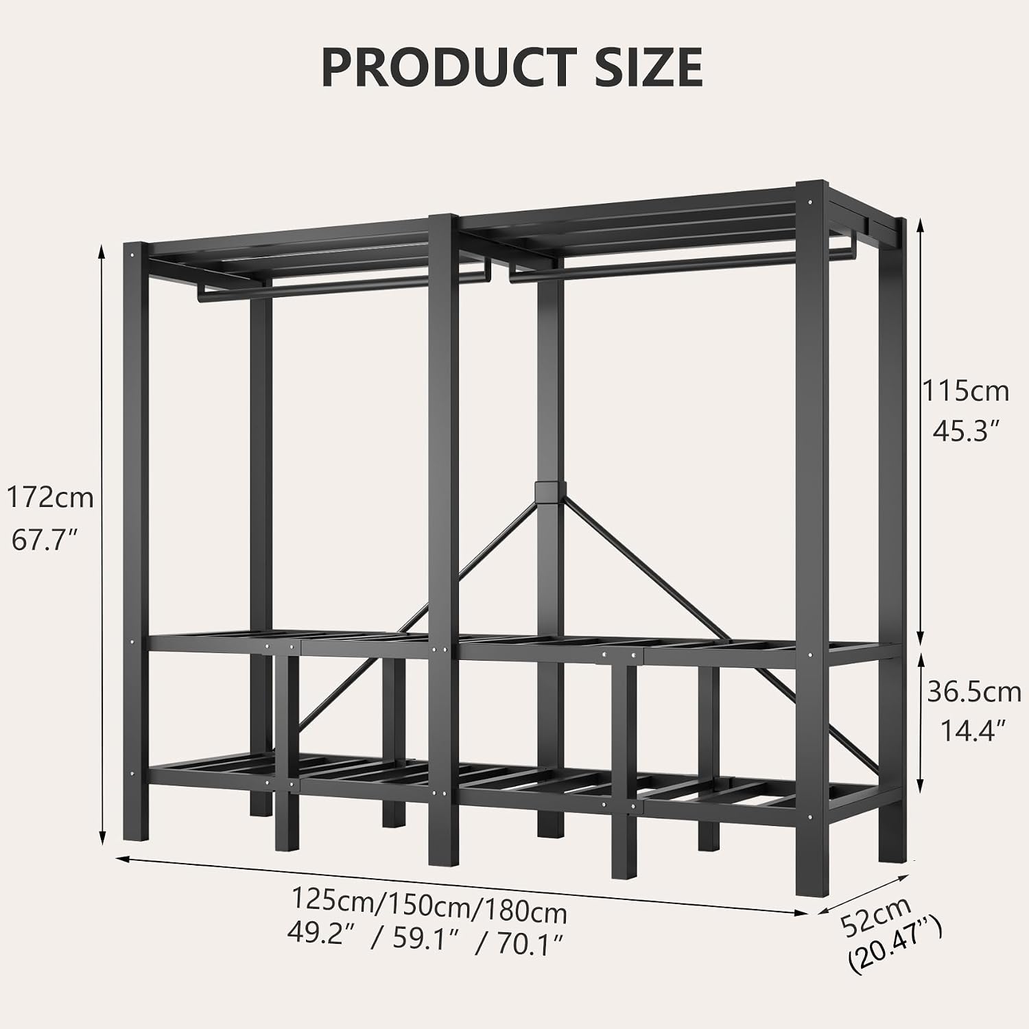 Heavy Duty Clothing Rack with Oxford Fabric Cover, Portable Closet Wardrobe with Hanging Rods, Freestanding Wardrobe, Metal Closet Rack for Hanging Clothes (Zipper Design, 70.9''/180cm)