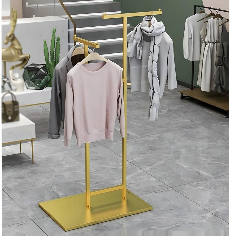 Double Rail Freestanding Garment Rack, Metal Iron Floor-Standing Lifting Clothes Hanger with Adjustable Height, Freestanding Clothing Store Display Rack, for Retail Boutique(Gold)