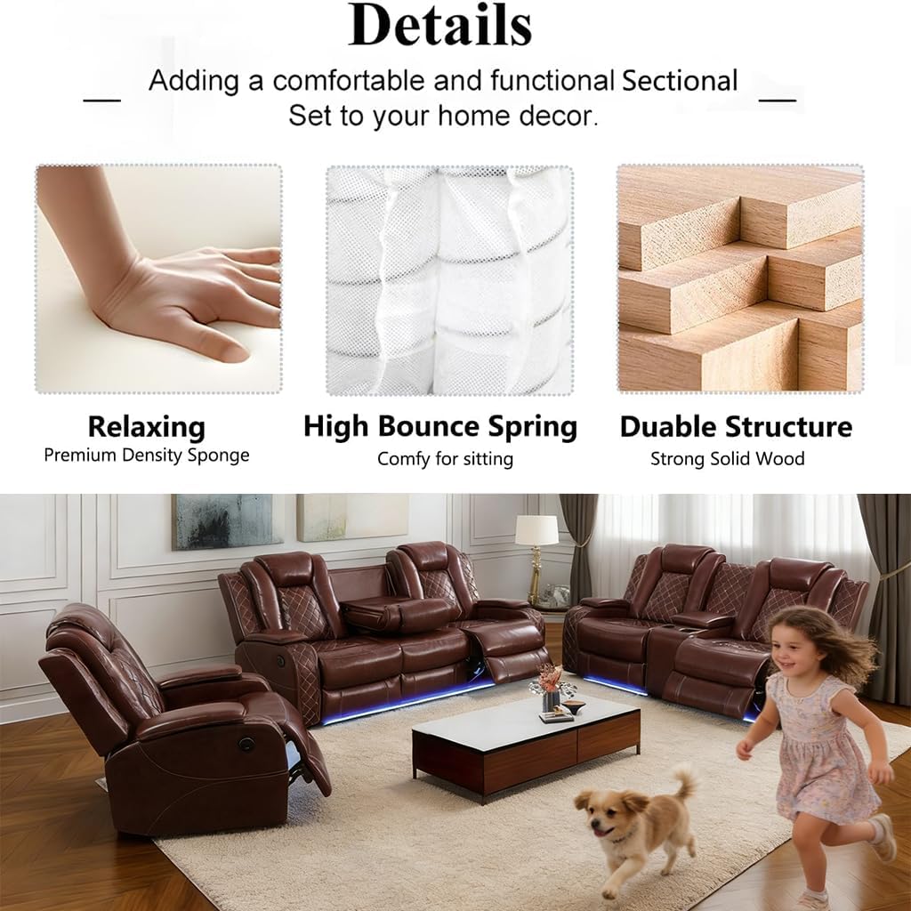 Pon Living Luxurious Leather Reclining Sofa Set with LED, Power Recliner Sofa Set, Living Room Furniture Sets with Cup Holders/USB Port & Storage Consoles for House/Home Theater