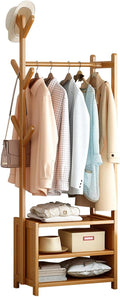 Bamboo Clothes Rack with 2 Storage Shelves and 6 Hooks Portable Extra Large Garment Rack for Bedroom and Living Room Freestanding Clothes Hanger Stand 50x37x146cm
