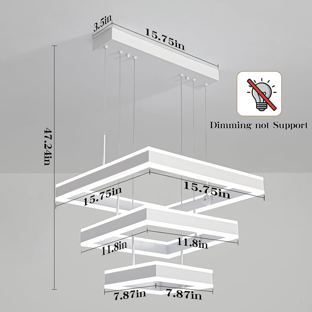 O'NEELDY Modern LED Chandeliers White Square Rings Pendant Light Fixture with Hanging Cord Flush Mount Square Modern Chandeliers for Kitchen Island Dining Room