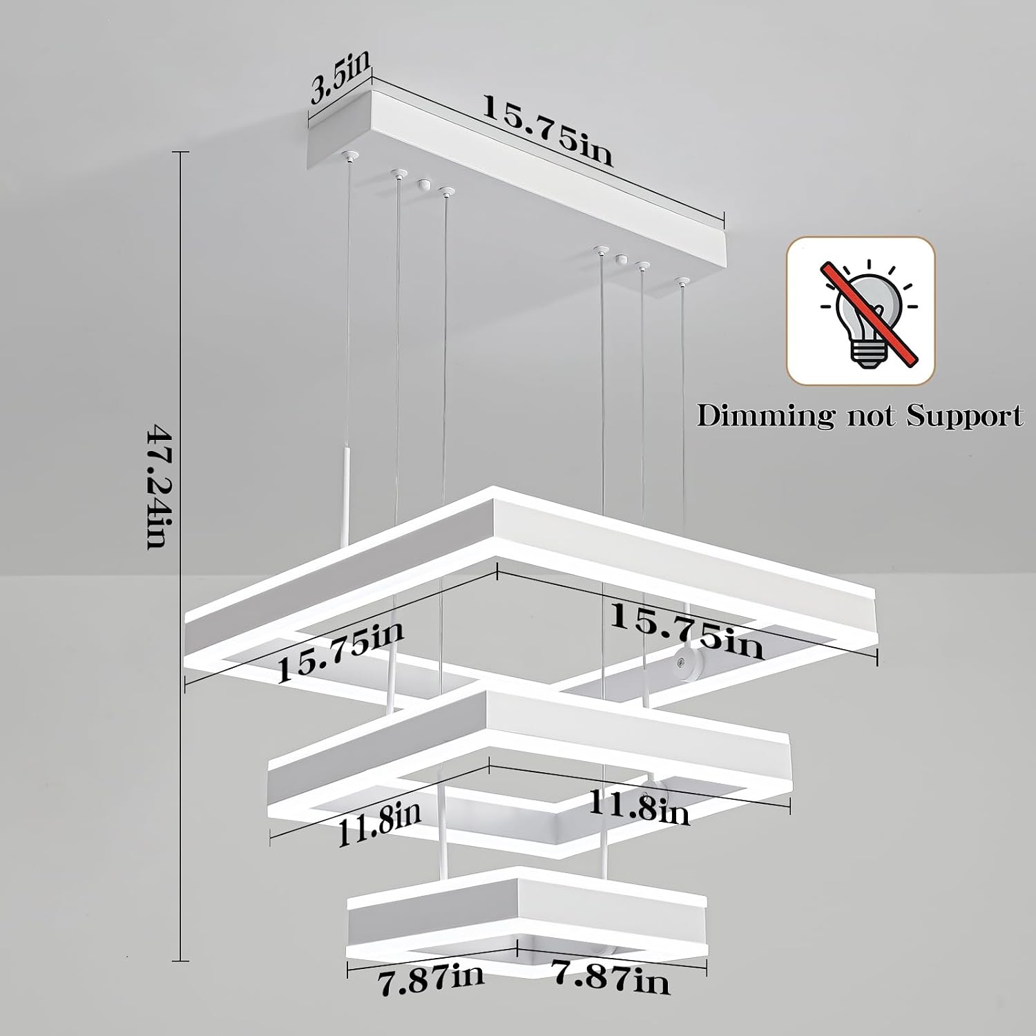 O'NEELDY Modern LED Chandeliers White Square Rings Pendant Light Fixture with Hanging Cord Flush Mount Square Modern Chandeliers for Kitchen Island Dining Room
